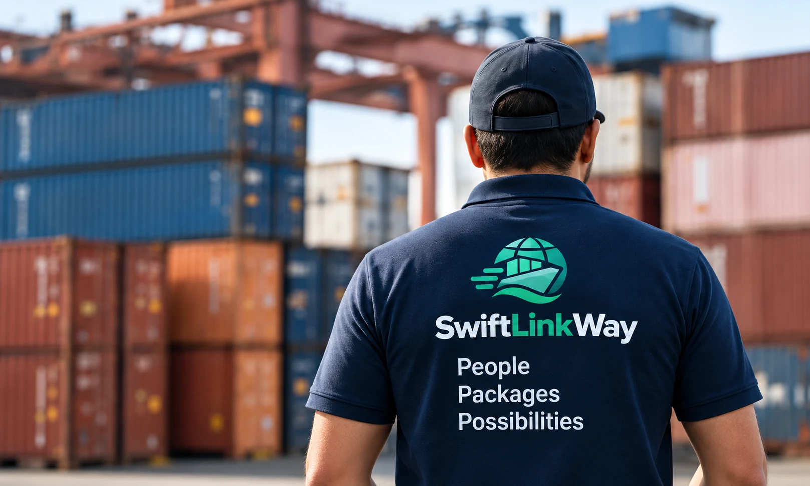 SwiftLinkWay logistics team member at a container terminal
