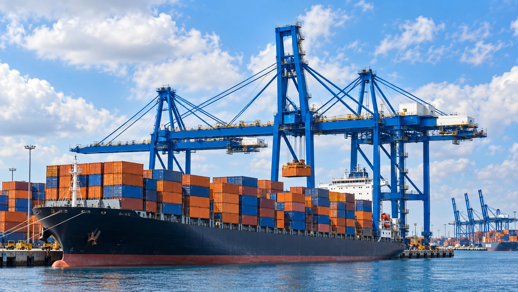 Container terminal with cargo cranes beside the water