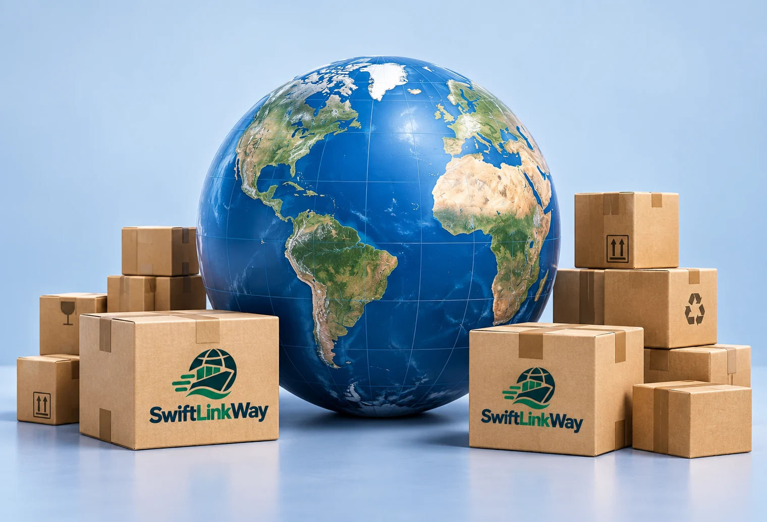 Globe surrounded by SwiftLinkWay shipping parcels